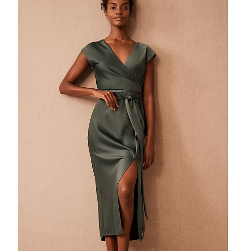 Anthropologie BHLDN Louisa Satin Charmeuse Midi Dress in Forest. Size 4.